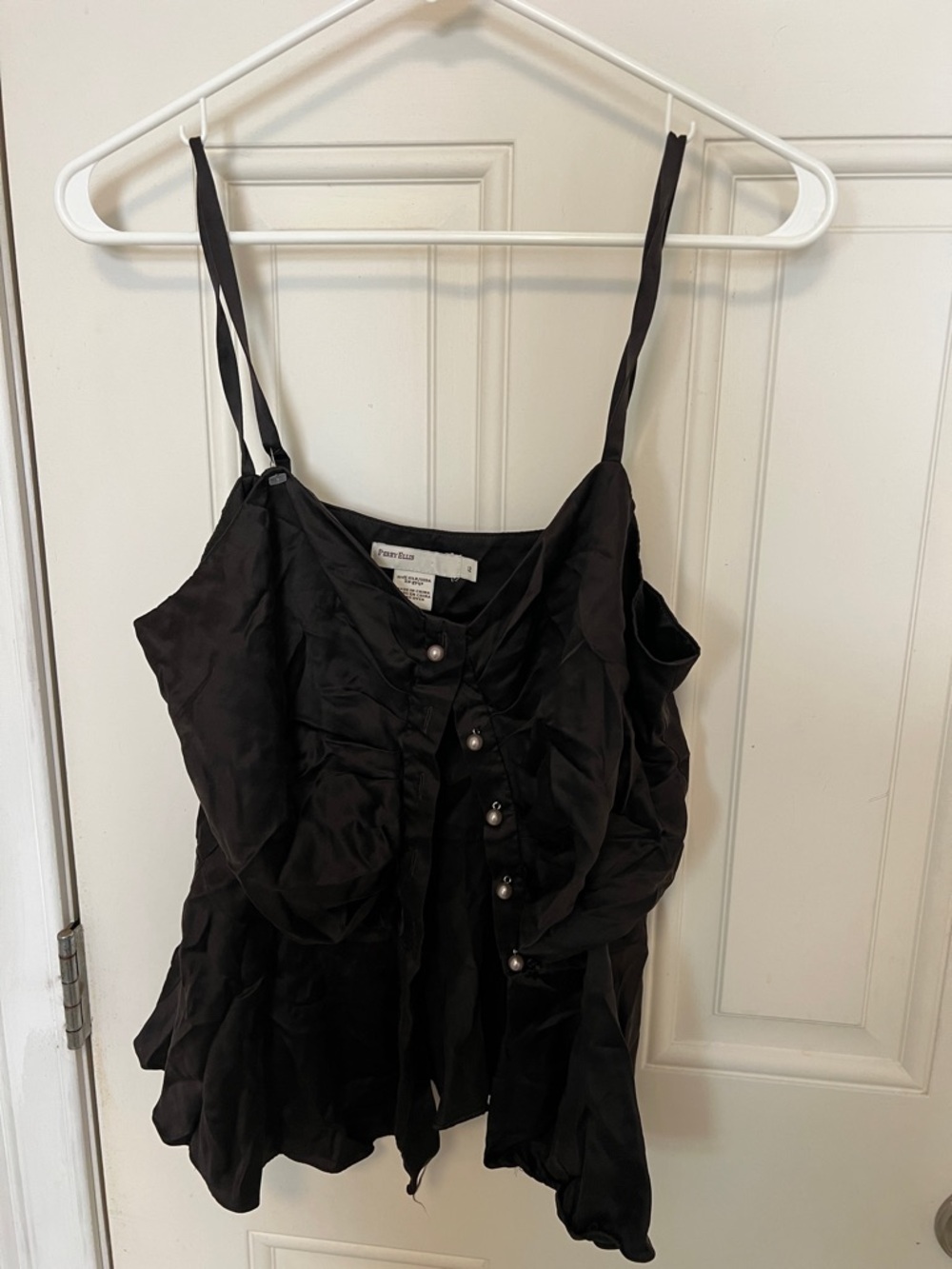 Perry Ellis Black Ruffled Satin Cami Top - Elegant Women's Tank
